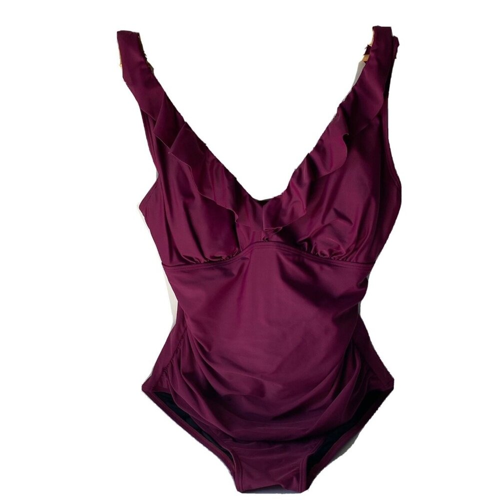 DKNY Womens Ruffled V-Neck One-Piece Swimsuit‎ Women Plus 18 Purple Adjustable